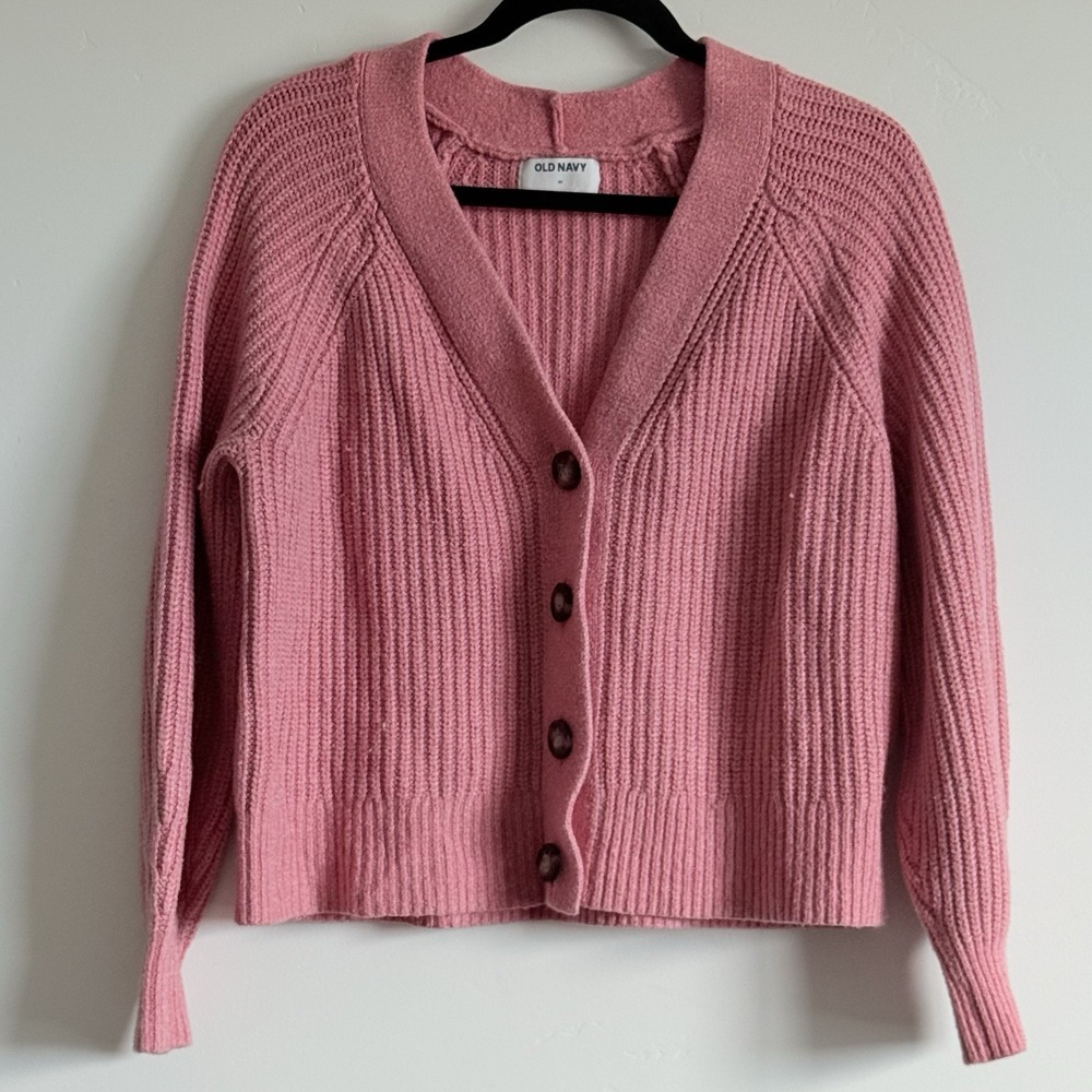 Old Navy Chunky‎ Knit Cardigan Sweater Women M Pink Cottage Preppy College